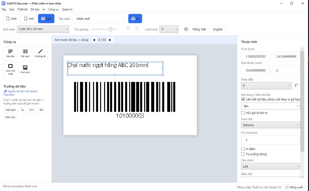 Màn hình thiết kế tem mã vạch VietPOS Barcode — kéo thả văn bản, mã vạch, hình ảnh